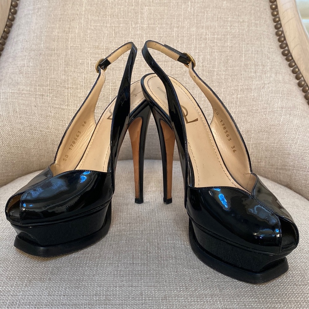 YSL Saint Laurent Tribute Slingback black patent leather platform peep toe shoe